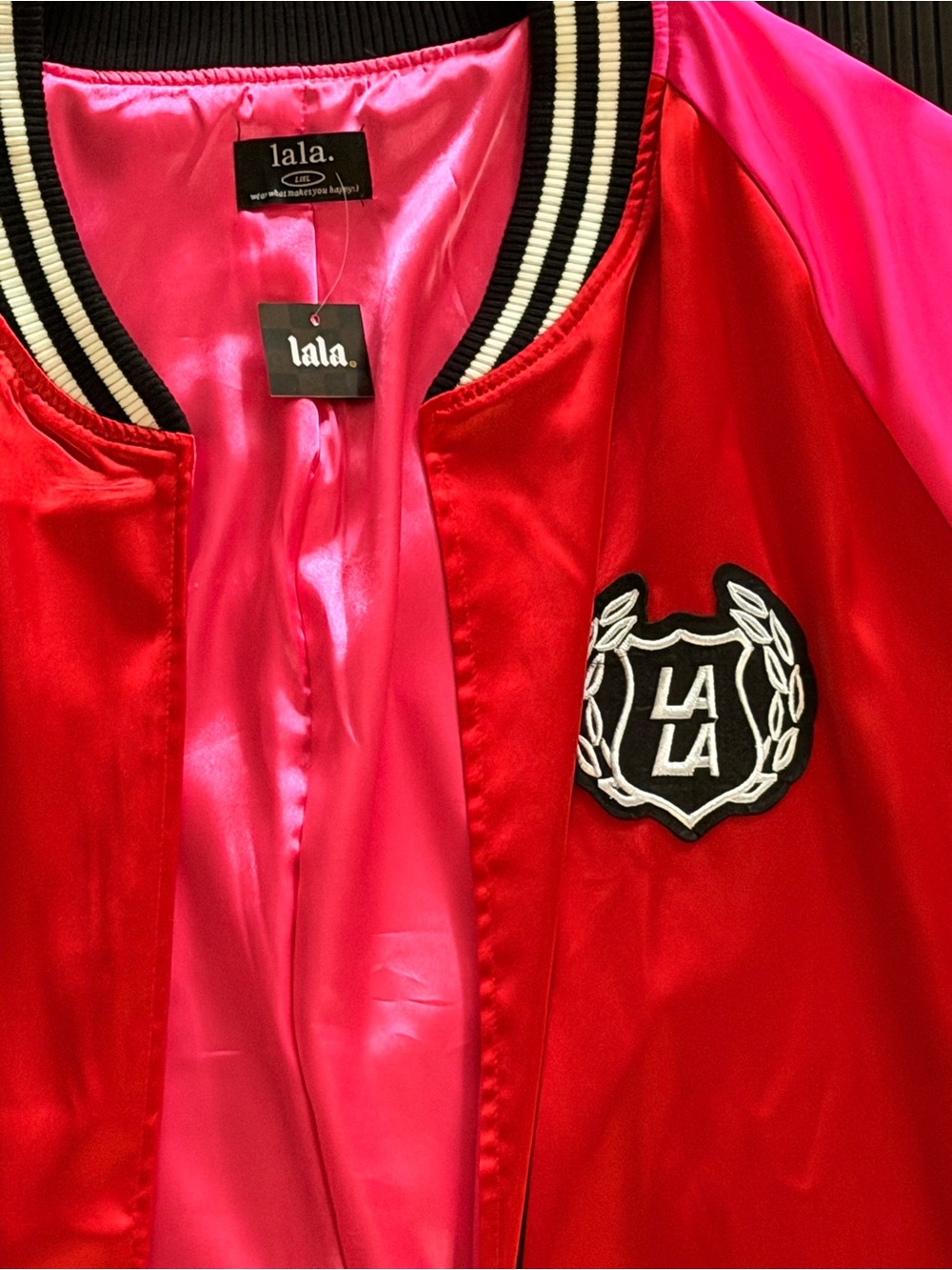 Dressed in LALA Red and Hot Pink Satin Bomber Cape - Picture 3 of 7